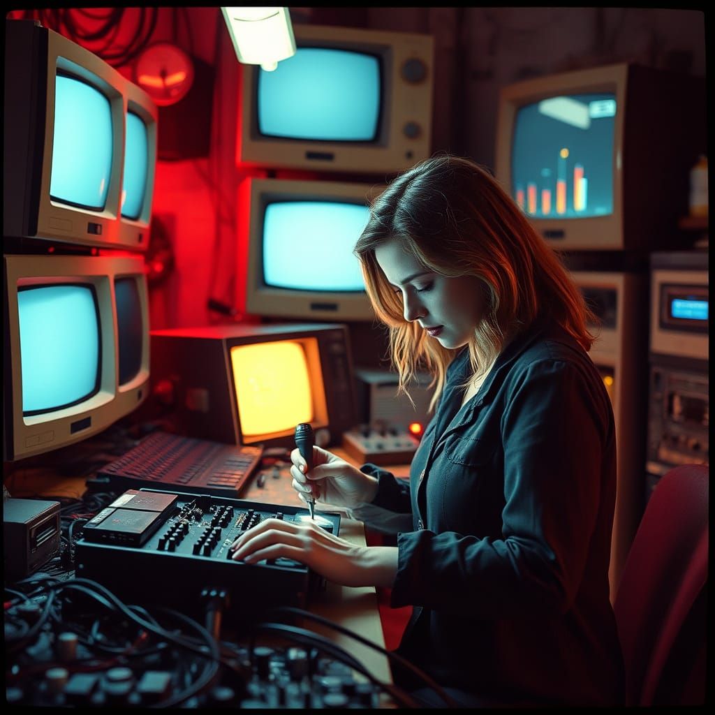 Electronics Lab Scene with Soldering and Film Aesthetic