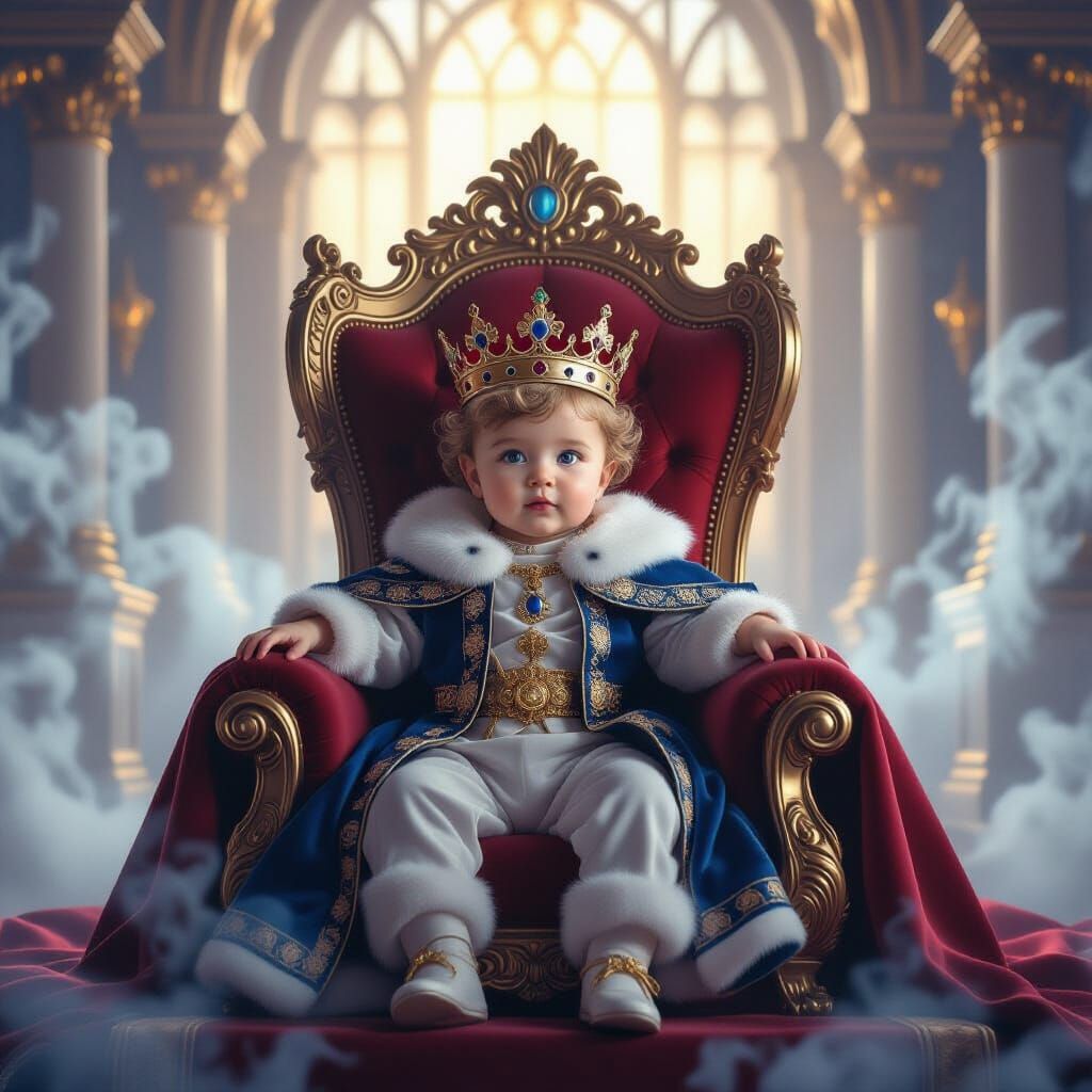 Baby King on Royal Throne in Ethereal Palace