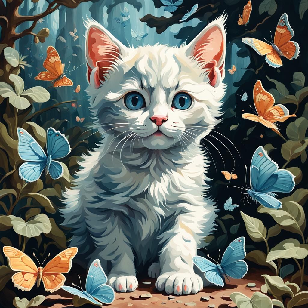 Kitten and Butterflies in Maximalist Style