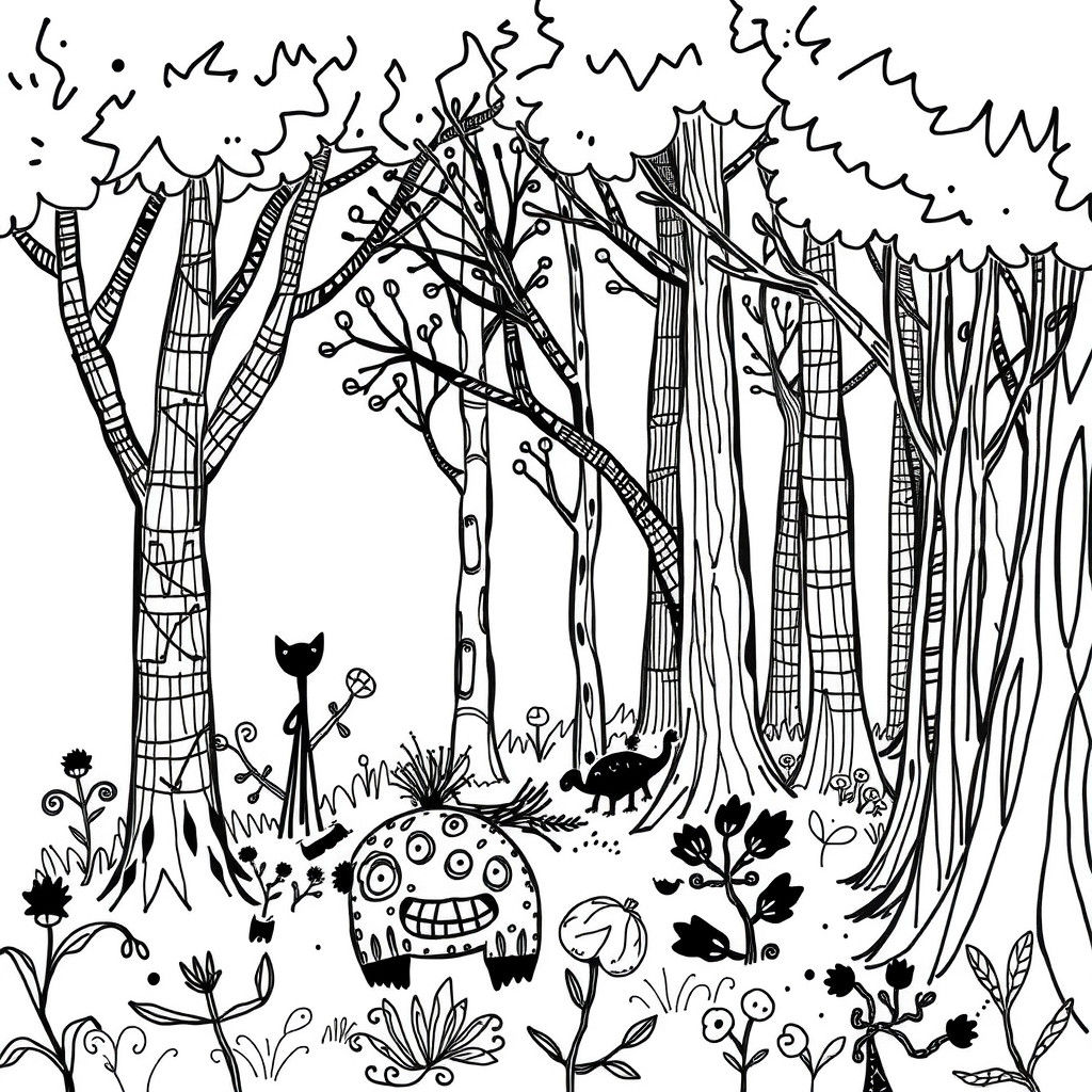 Whimsical Forest Scene in Detailed Doodle Style