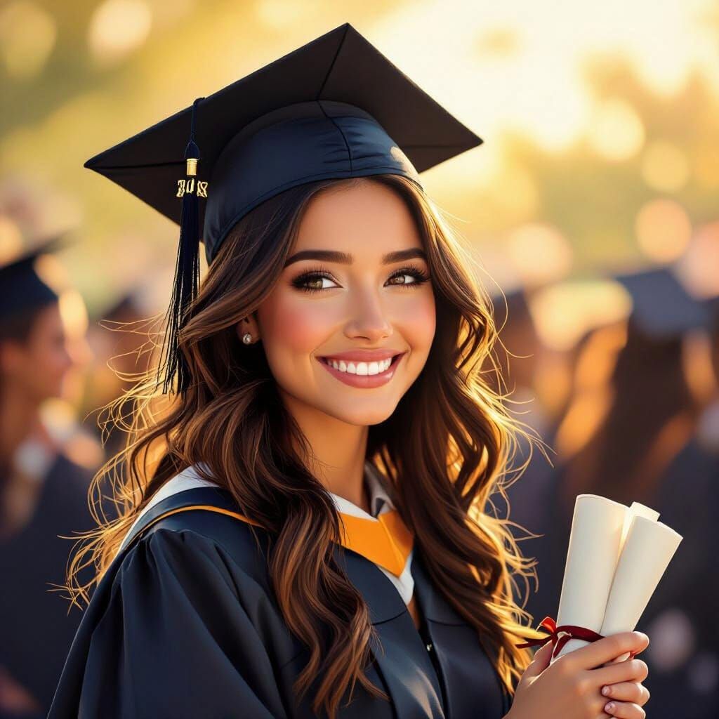 Joyful Graduation: Brown Haired Woman Receives Diploma