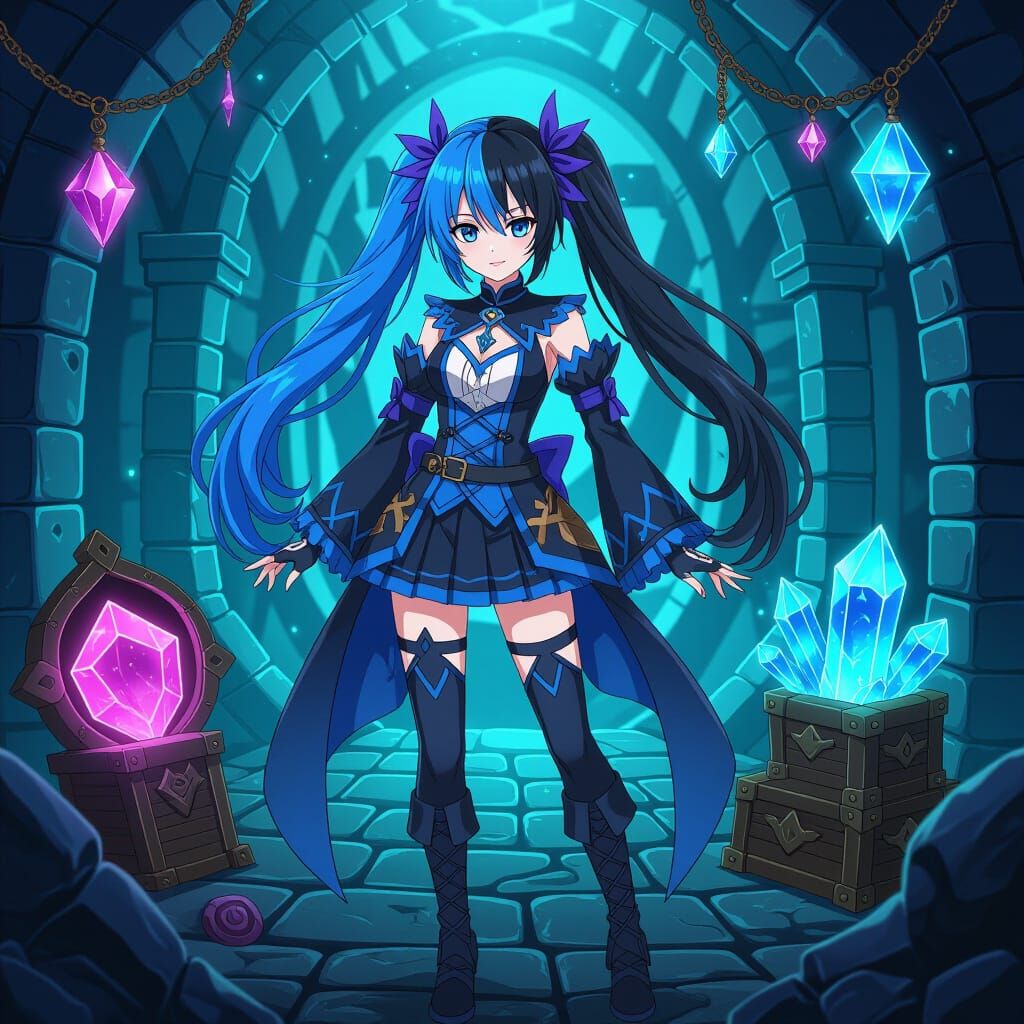 Anime Egirl in Mystical Dungeon with Split Hair