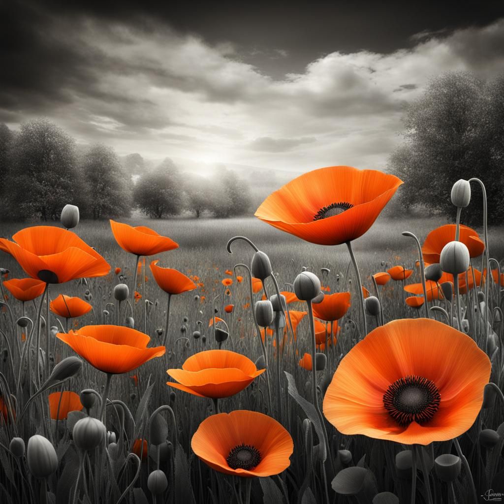 Surreal Orange Poppies in Cubist Style