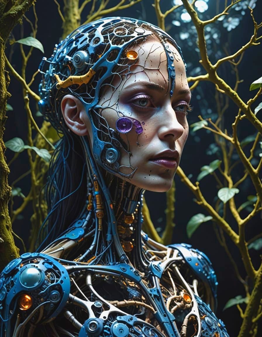 Cyborg Goddess in Hyperrealistic Biomorph Decomposition