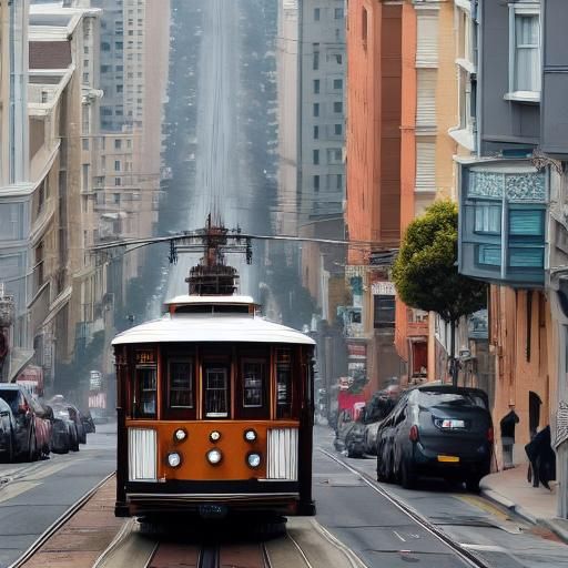 San Francisco Streetcar Climbs Up a Hill with Bay and Alcatr...