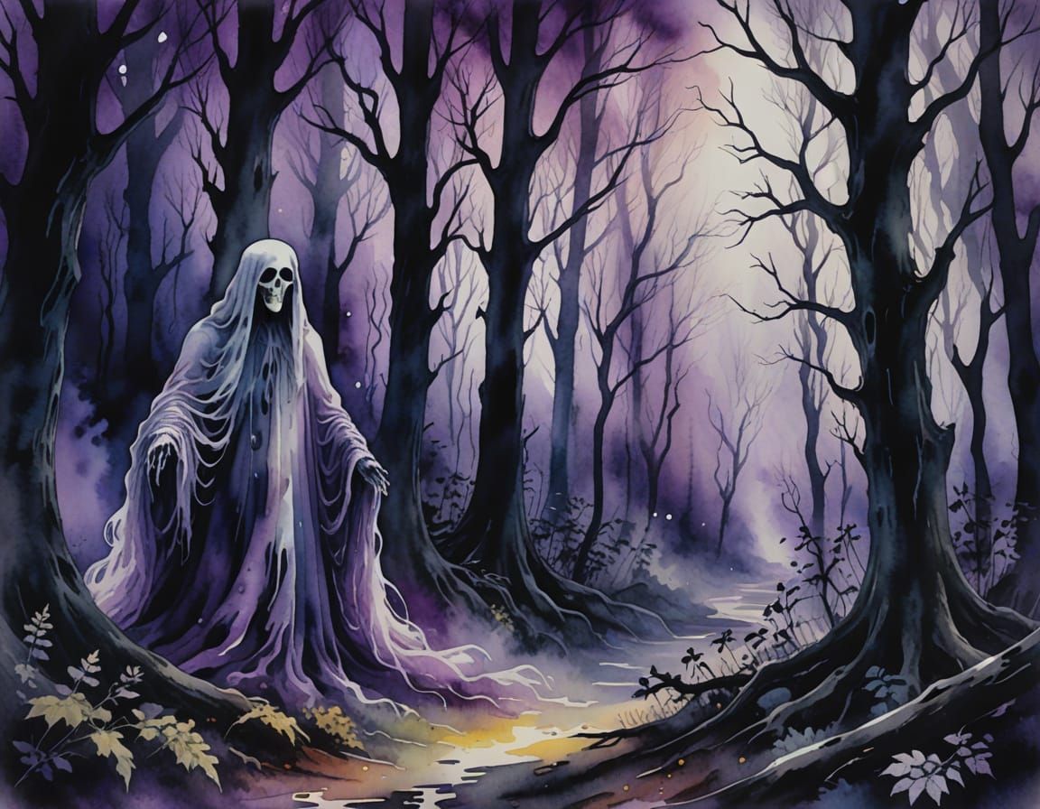 Spectral Ghost in Haunted Forest Watercolor Painting