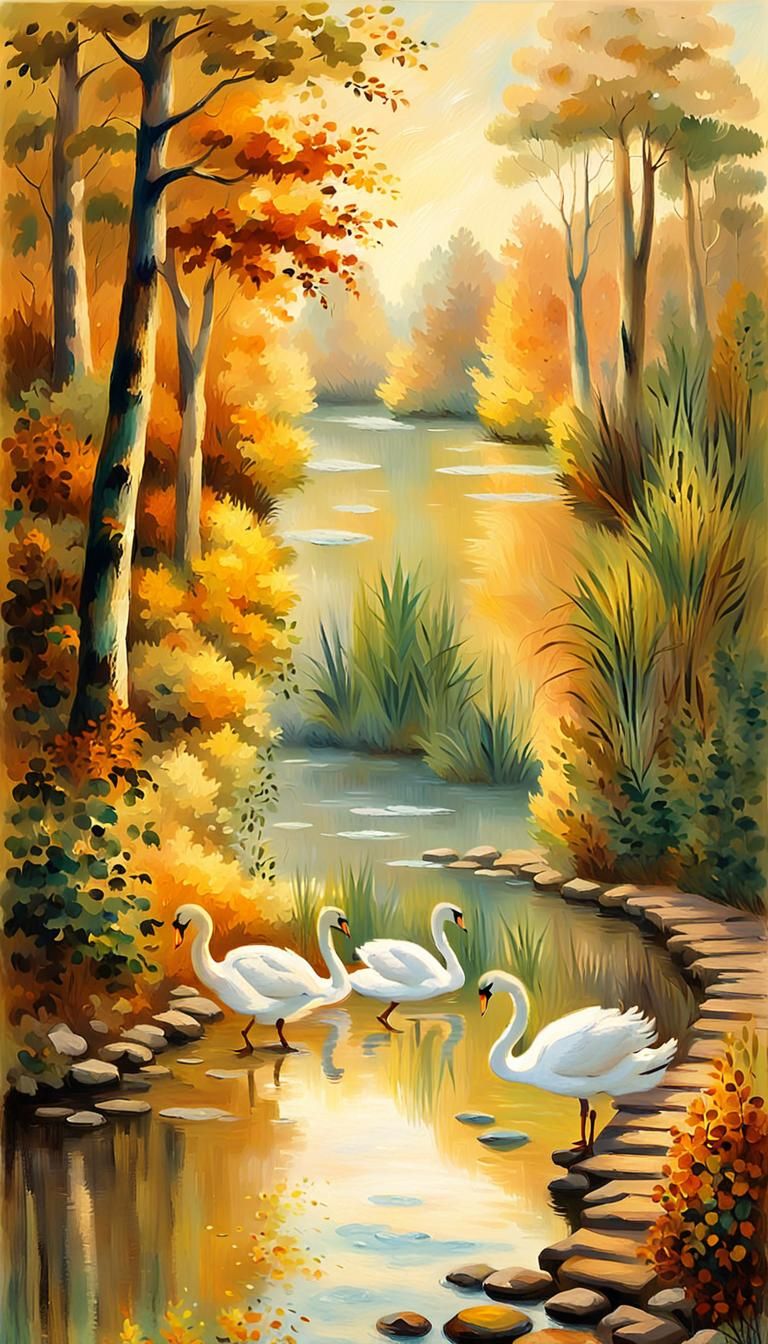 White Swans in Amazon Forest: Impressionistic Autumn Scene