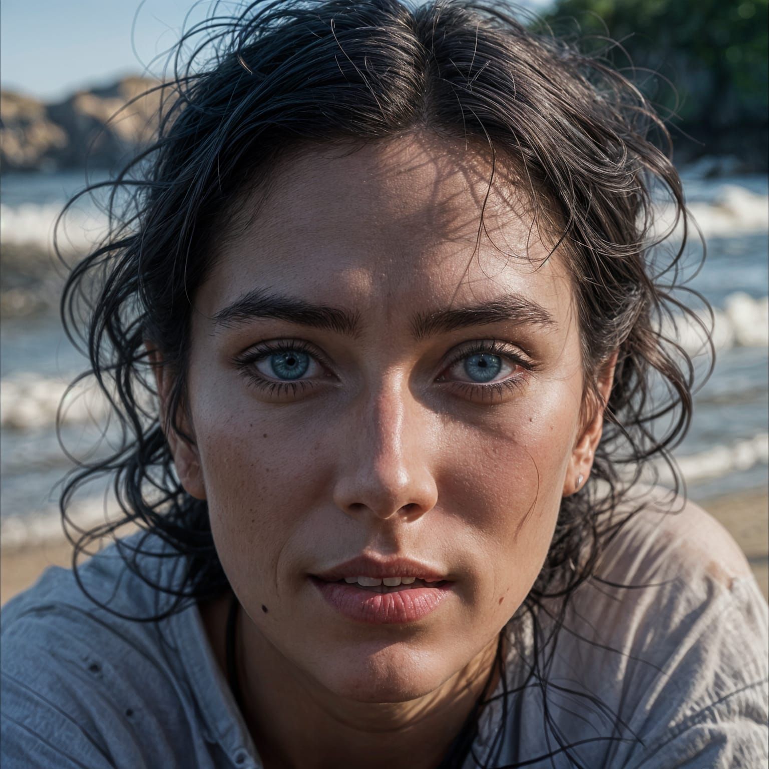 Blue-Eyed Girl with Black Hair on Beach