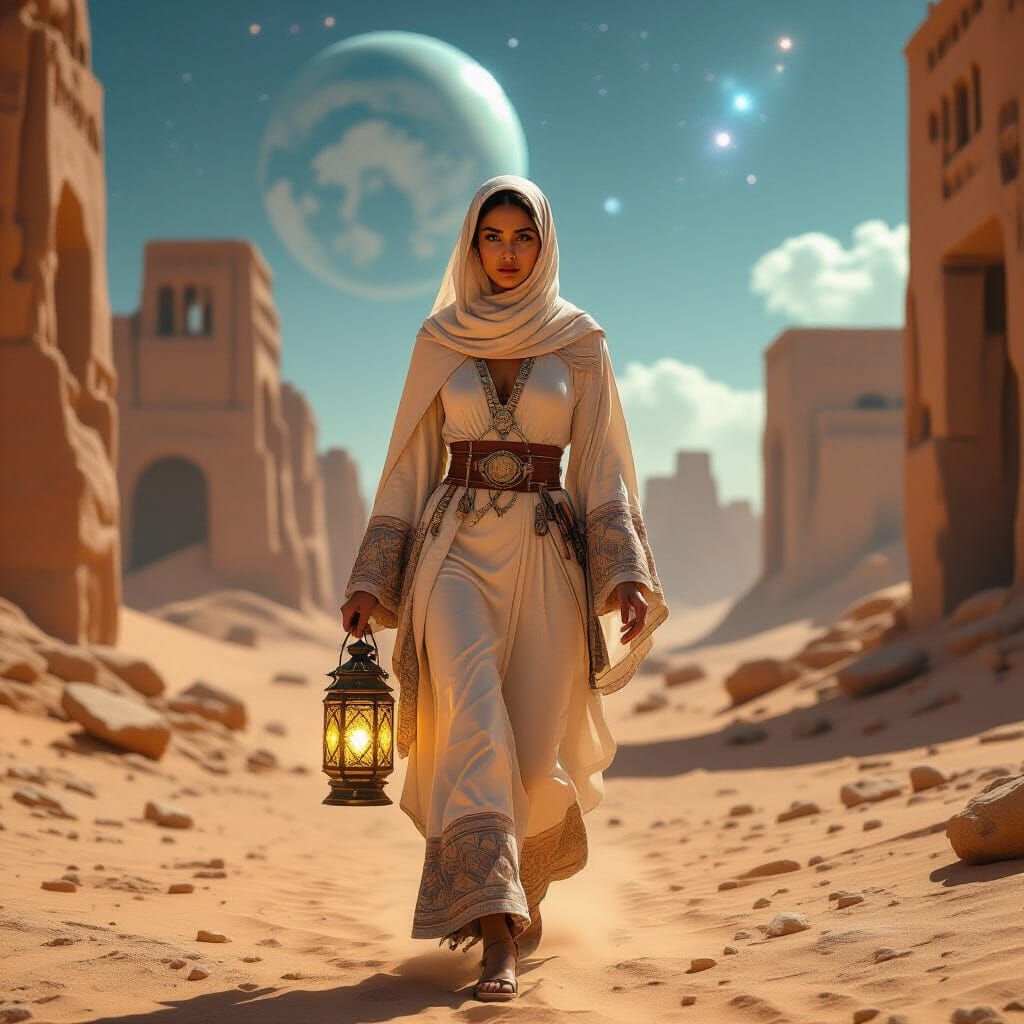Futuristic Desert Wanderer with Ancient Lantern