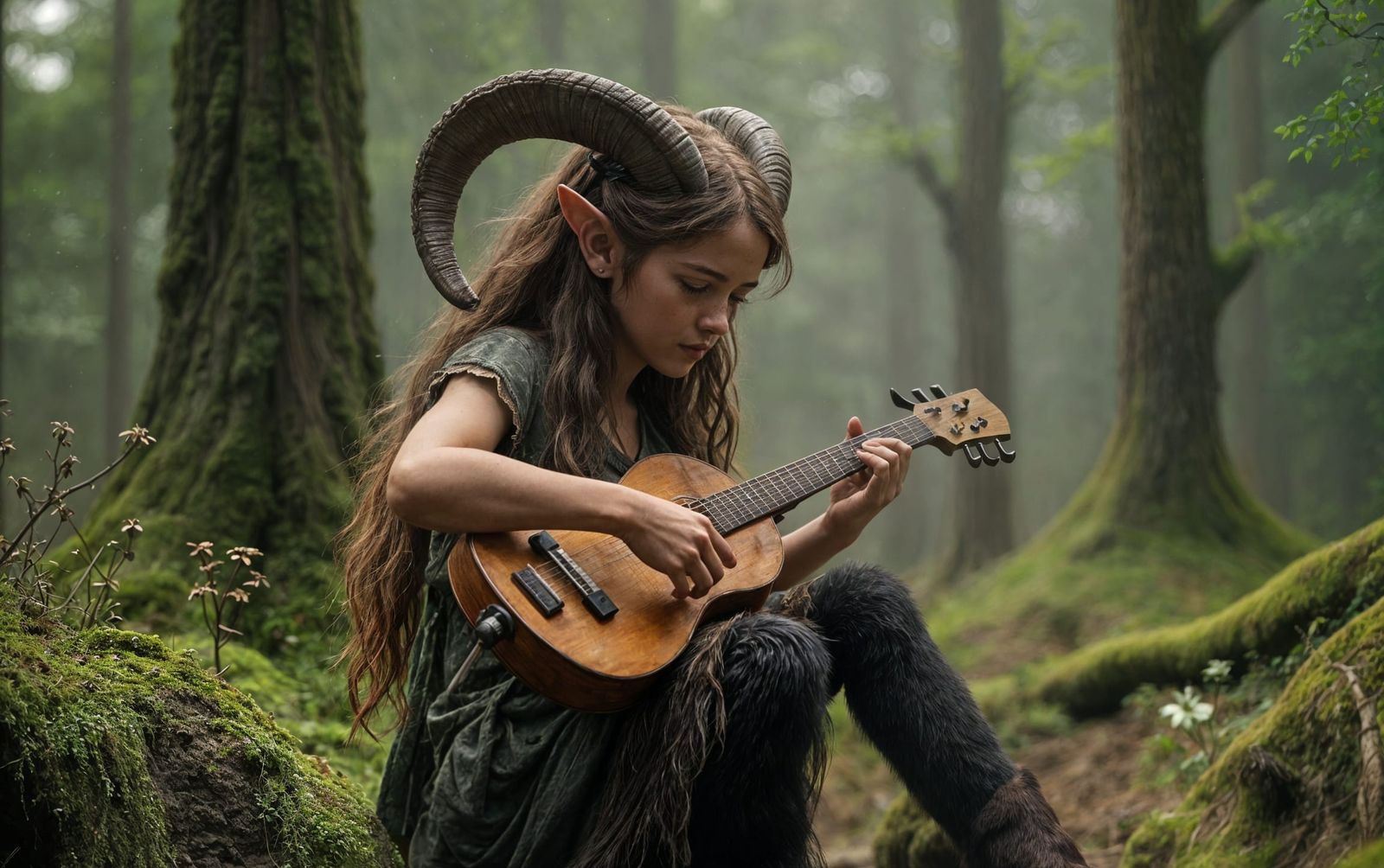 Young Female Faun Playing Lute in Forest