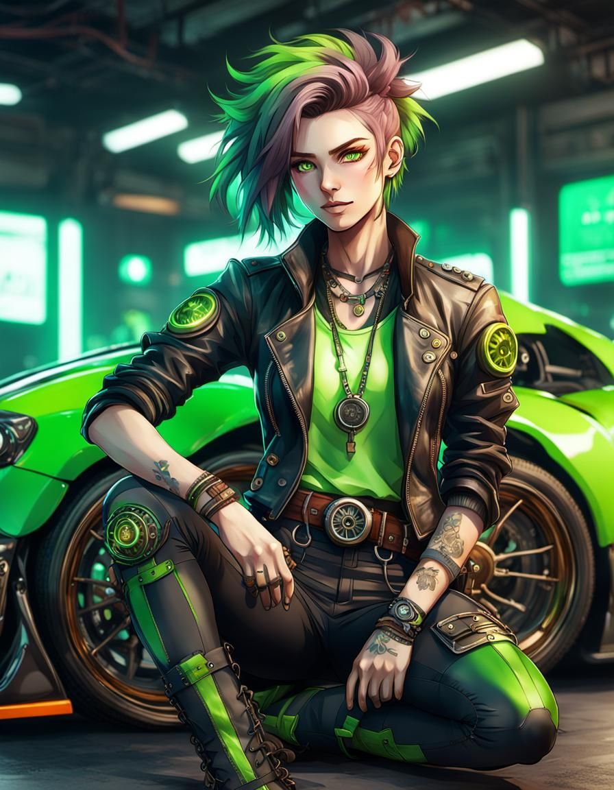 A tomboy steampunk woman with punk hair, green eyes, cool ou...