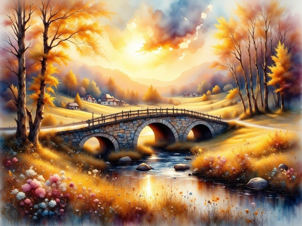 Watercolor Stone Bridge Landscape in Golden Light