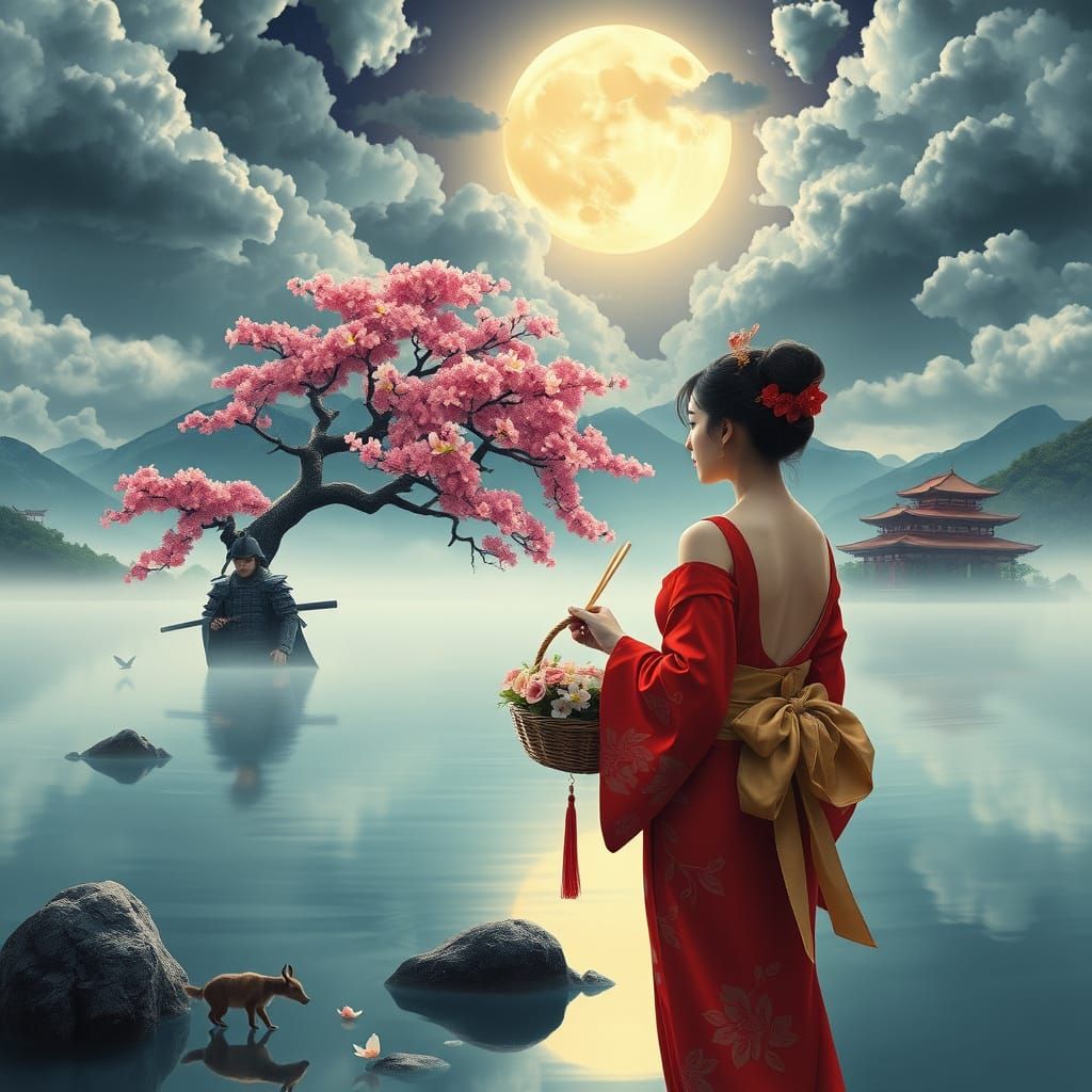 Elegant Japanese Woman in Red Bra Contemplates Samurai Warri...