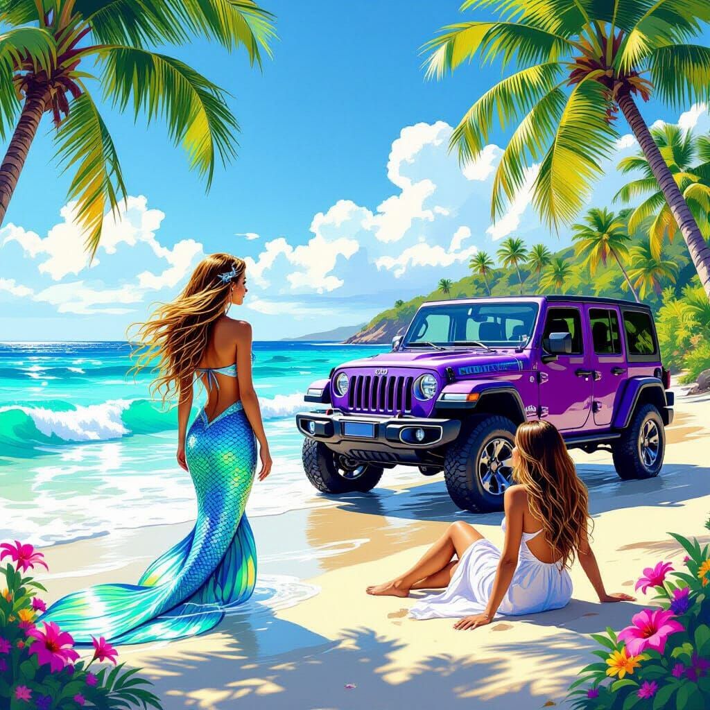 Mermaid Longing for a Jeep on Tropical Beach