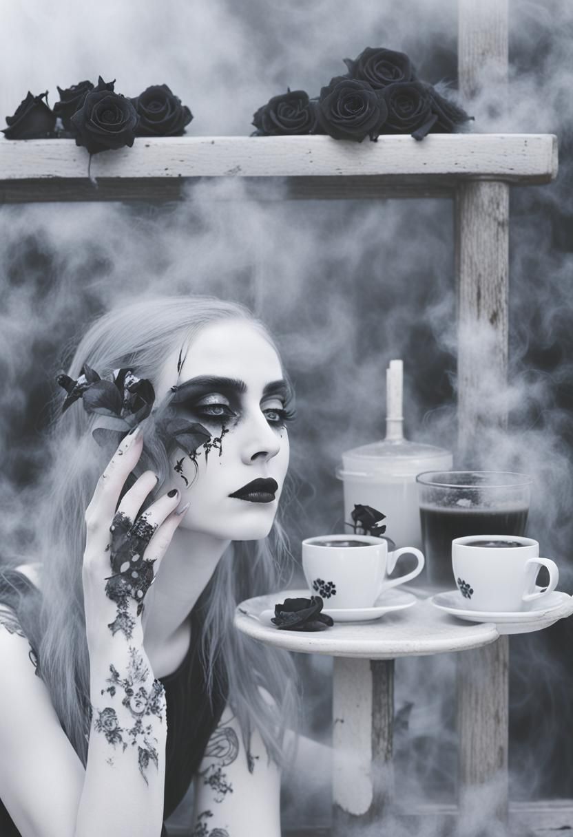 Gothic Model in Misty Coffee Shop with Roses