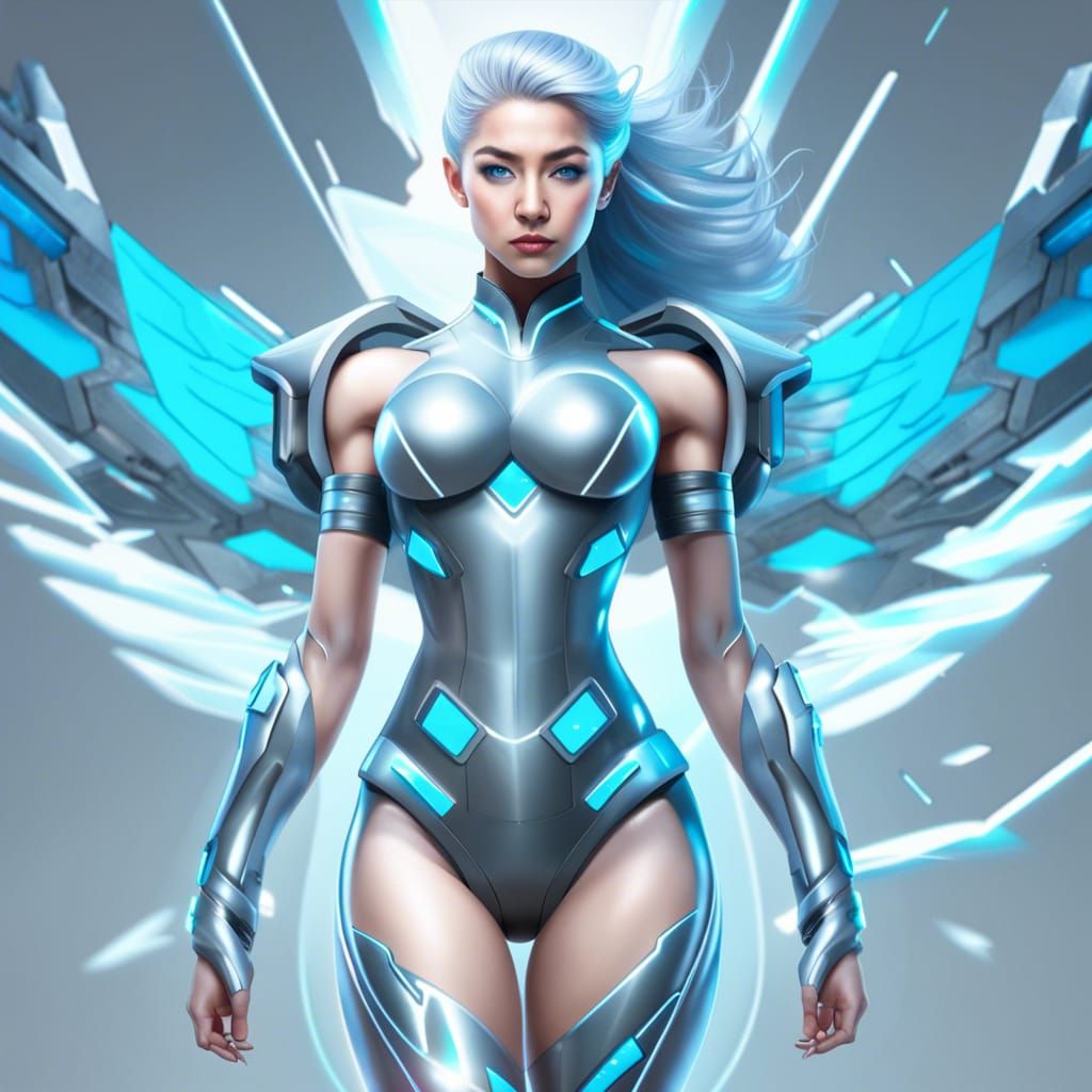 Korean Power Girl Flying in Cyberpunk Style Suit