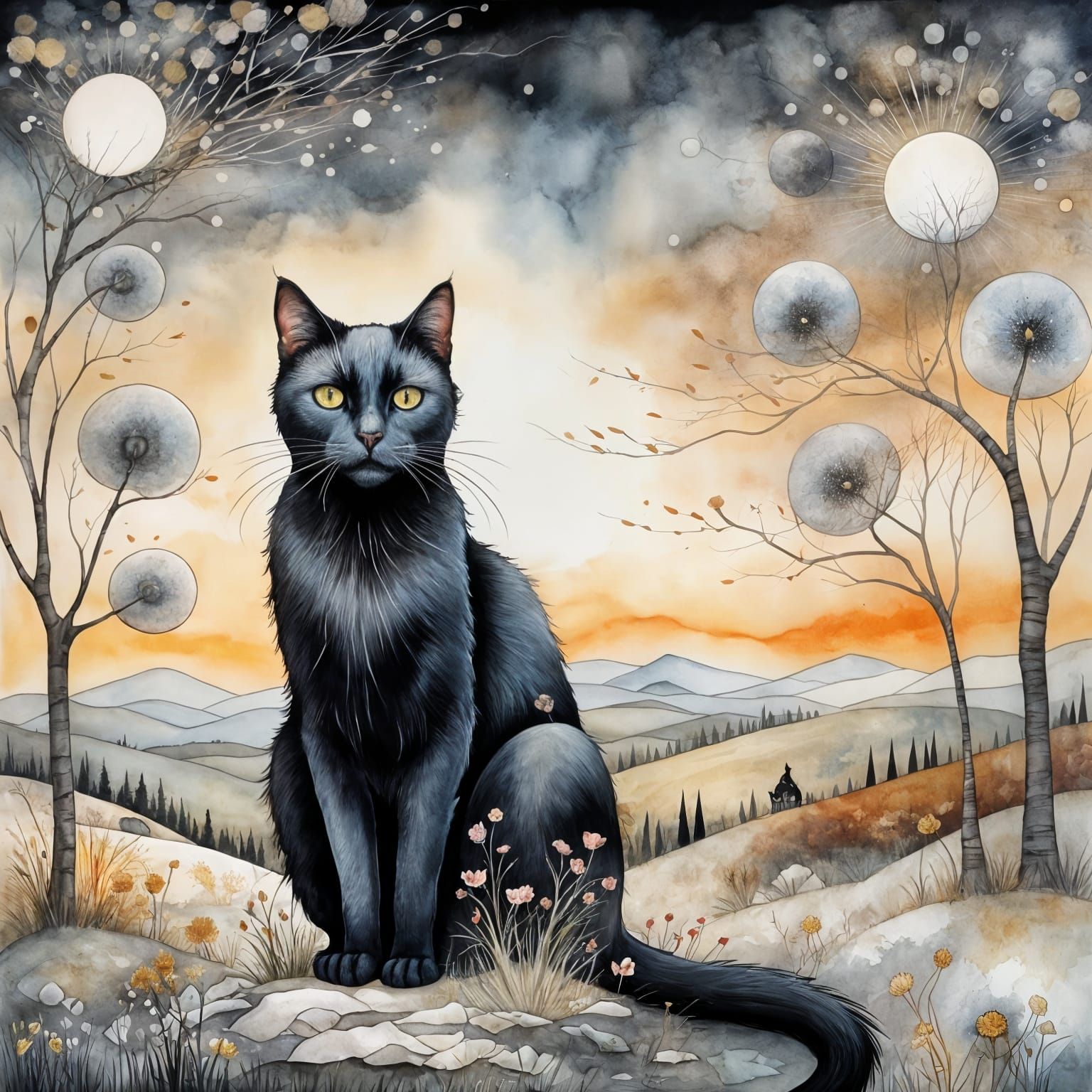 Black Cat Portrait on Windy Hill, Art Brut Style