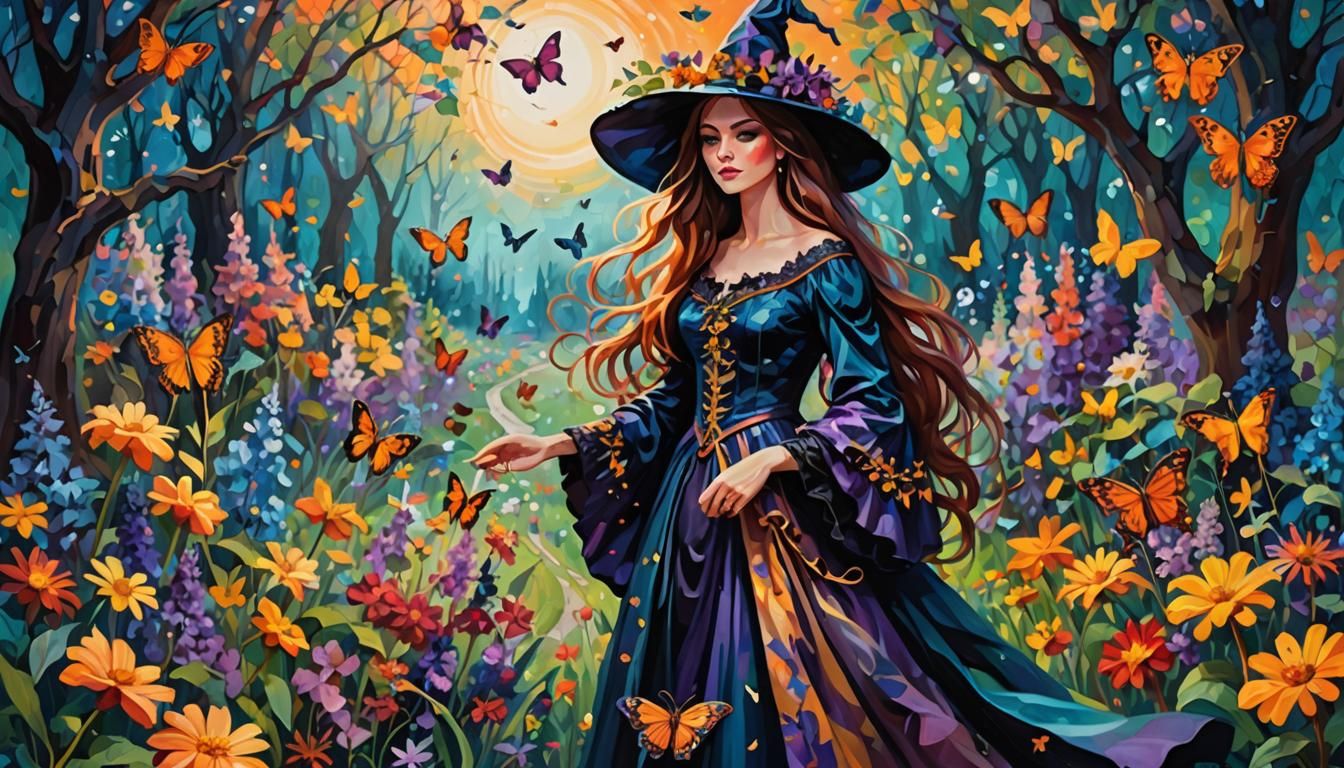 Beautiful Witch in Flower Garden: Impressionistic Painting