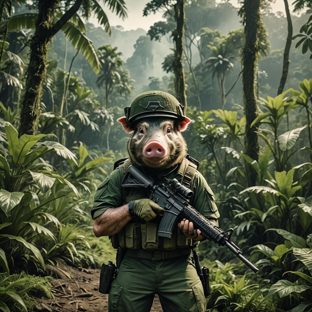 Pig as Green Beret Soldier in Jungle