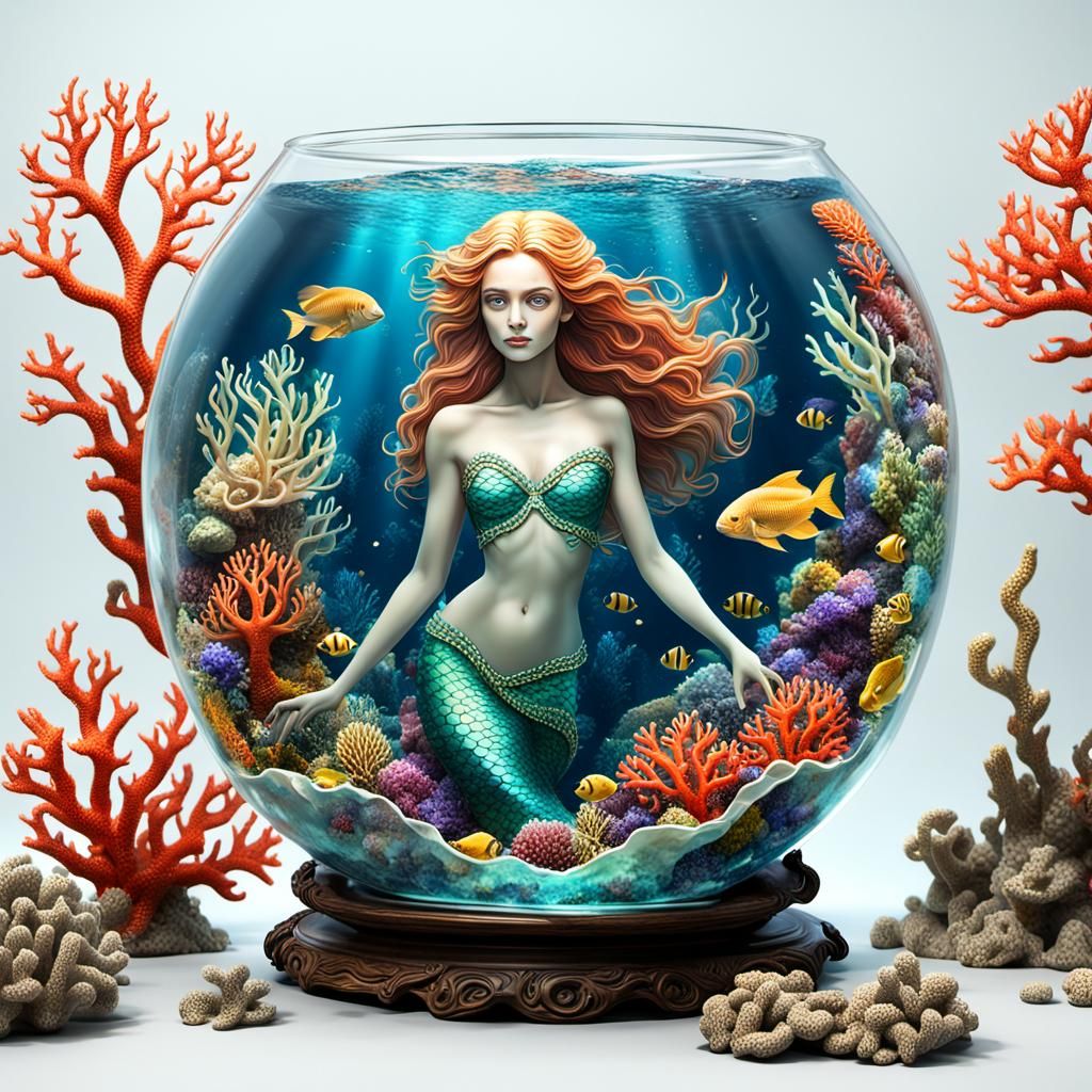 Mermaid and Coral Reefs in Glass Bowl