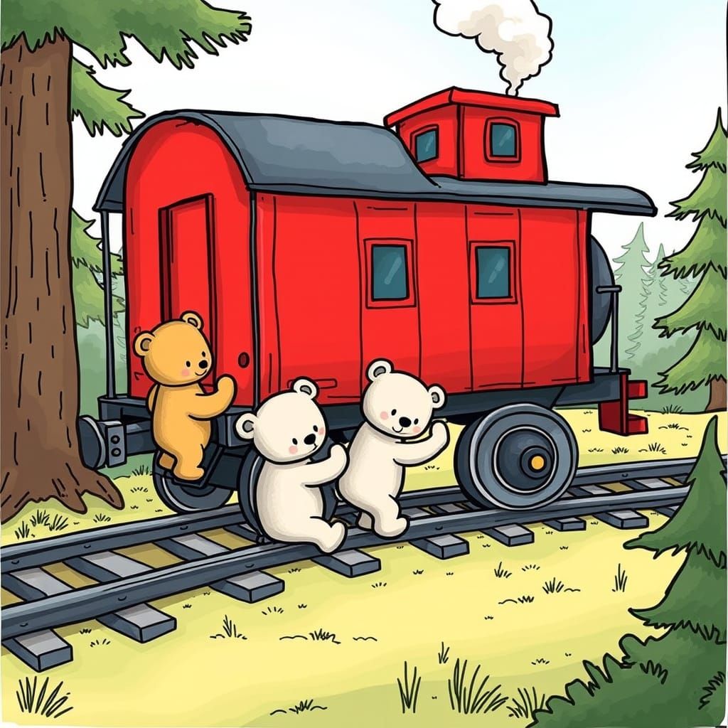 Teddy Bears Climb Train Caboose in Colorful Cartoon