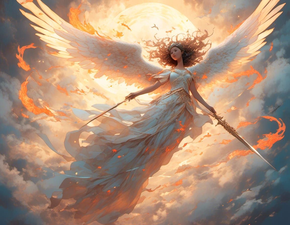 Majestic Angel Descends with Flaming Sword