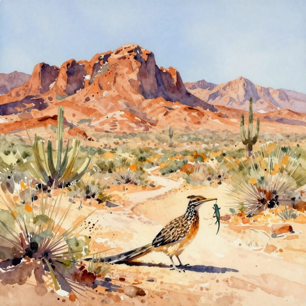 Roadrunner Hunts Lizard in Watercolor Superstition Mountains