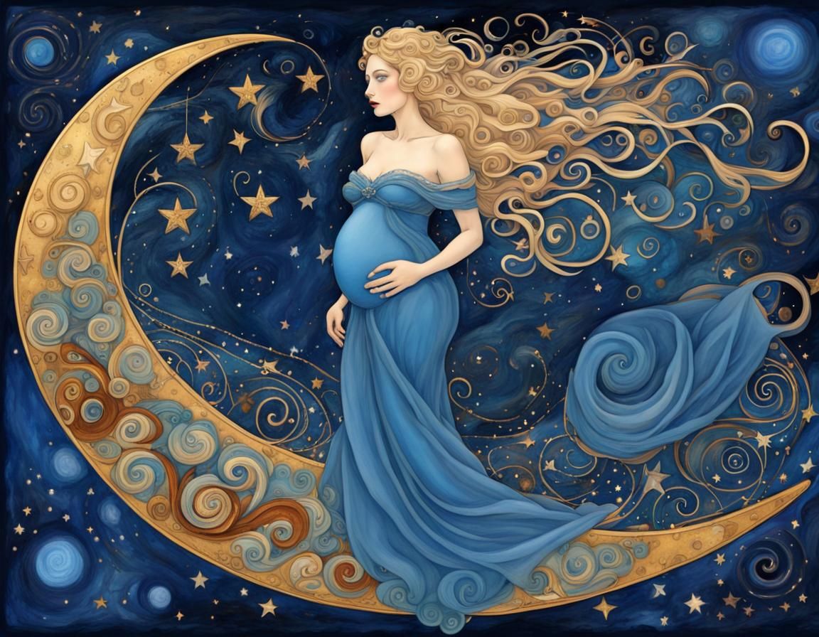 Pregnant Woman on Moon in Klimt Art Nouveau Style