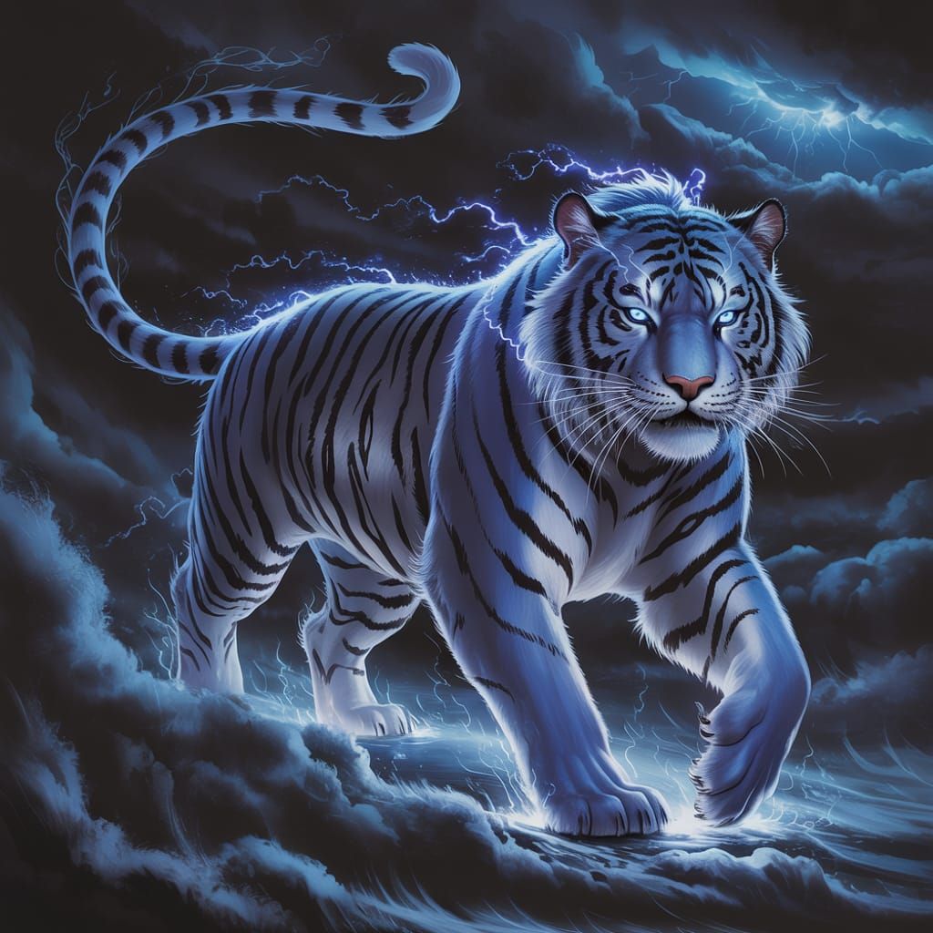 Colossal Blue Tiger in Stormy Skies