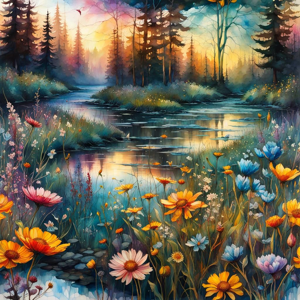 Stained Glass Flower Meadow in Digital Watercolor Style