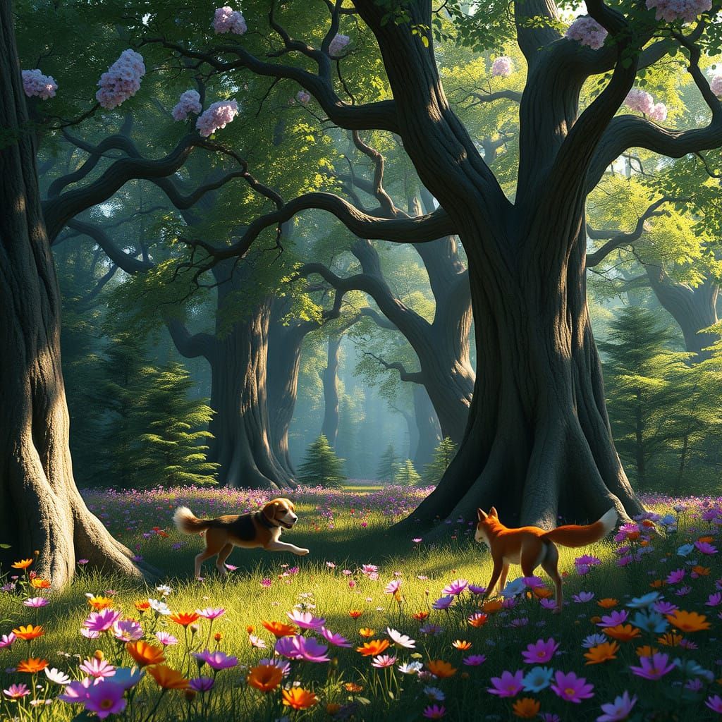 Whimsical Forest Realm with Majestic Trees and Wildflowers