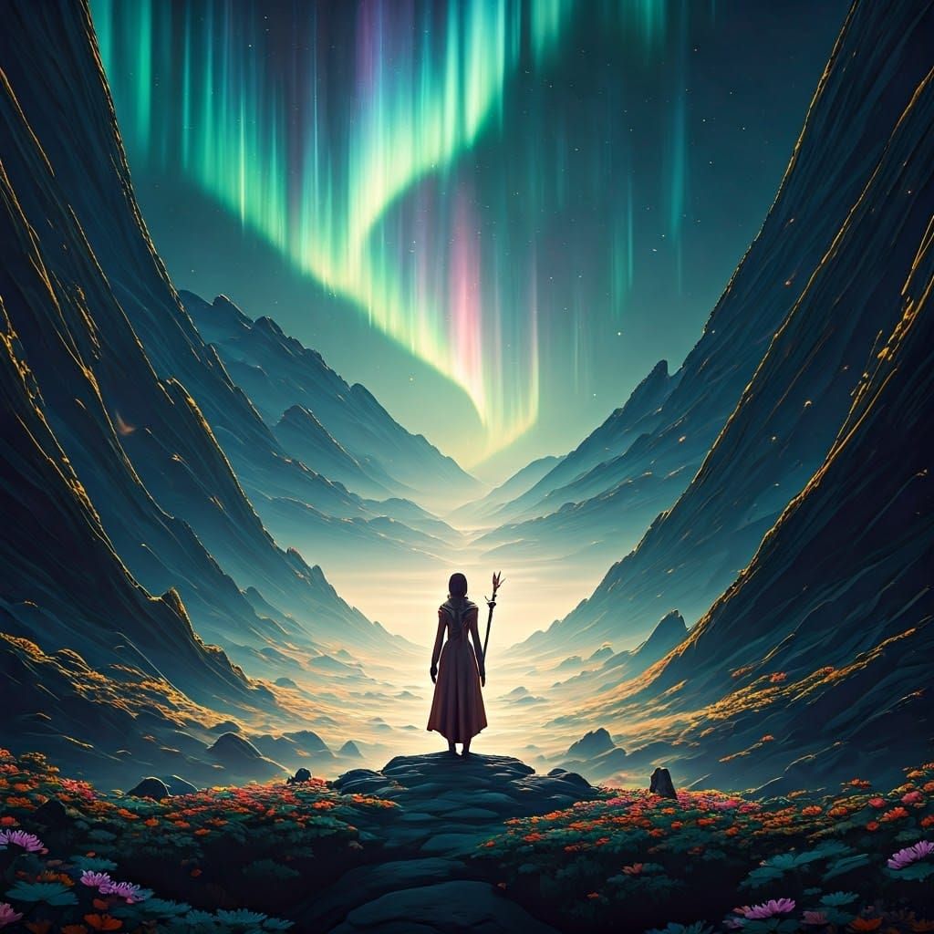 Mystical Sorceress at Dreamlike Archipelago in Digital Paint...