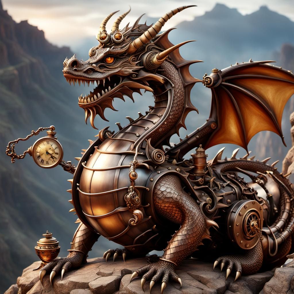 Mechanical steampunk dragon sits on a mountain of treasure