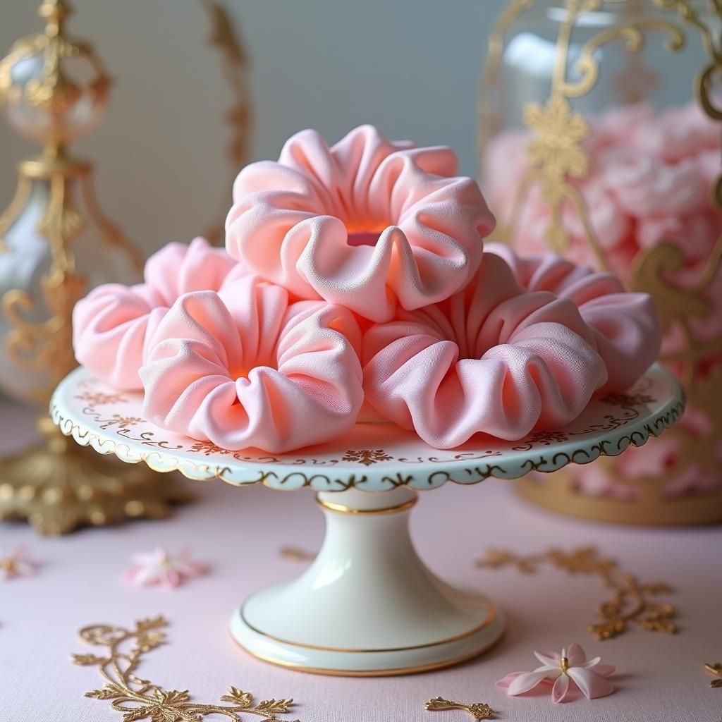 Pink Scrunchies on Cake Stand in Dreamy Style