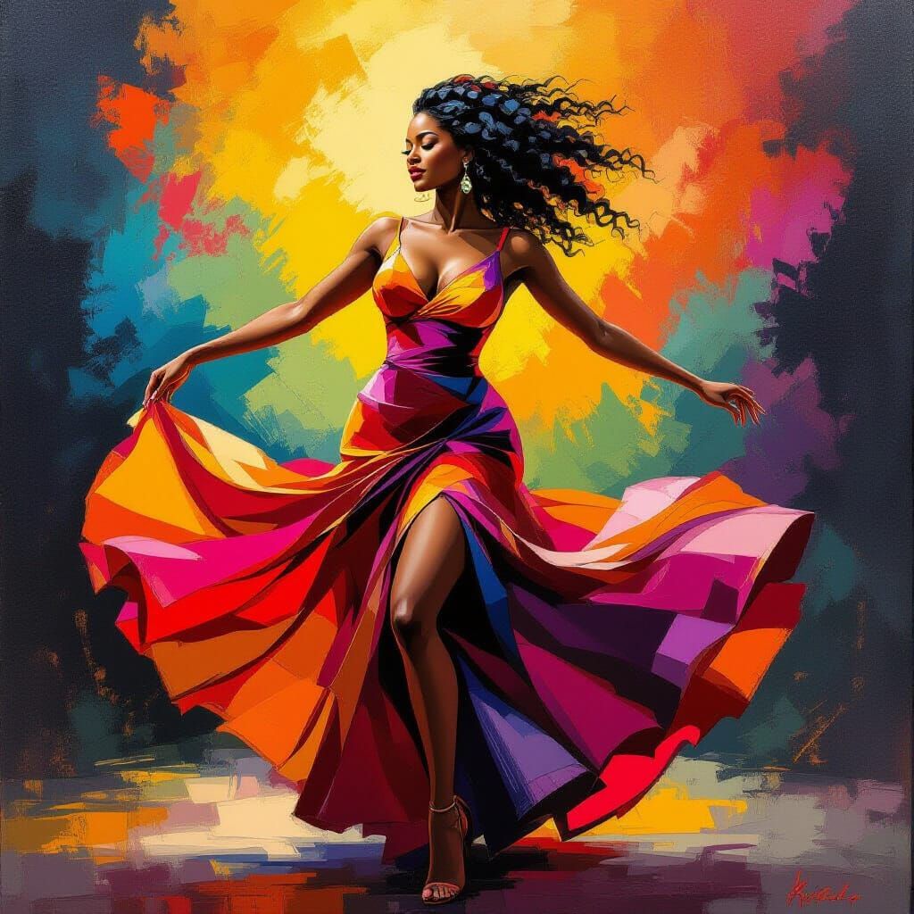 Elegant Black Woman Dancing with Vibrant Colors