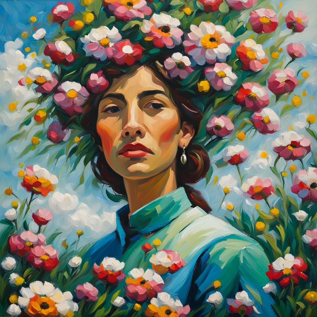 Impressionist Oil Painting of Flowers in Meadow