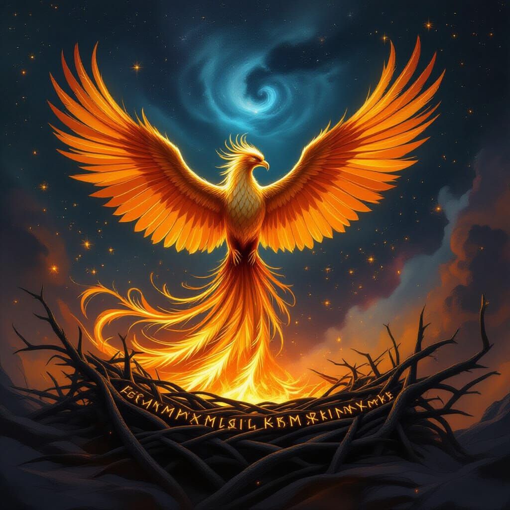 Majestic Phoenix Rises from Glowing Runes in Cosmic Nebula