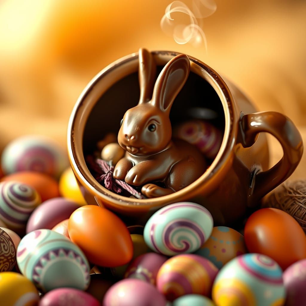 Delicate Easter Chocolate Bunny in Vibrant Coffee Cup Scene