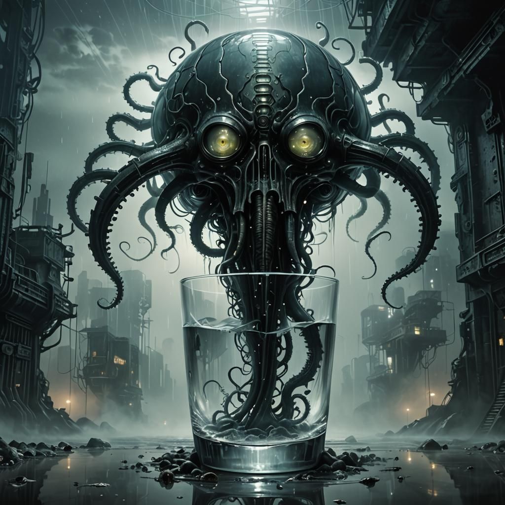 Cyberpunk Brain and Eye in Glass with Tentacle