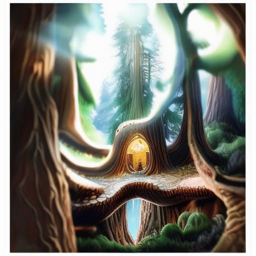 Fairy Folk Ascend Redwood Staircase at Night