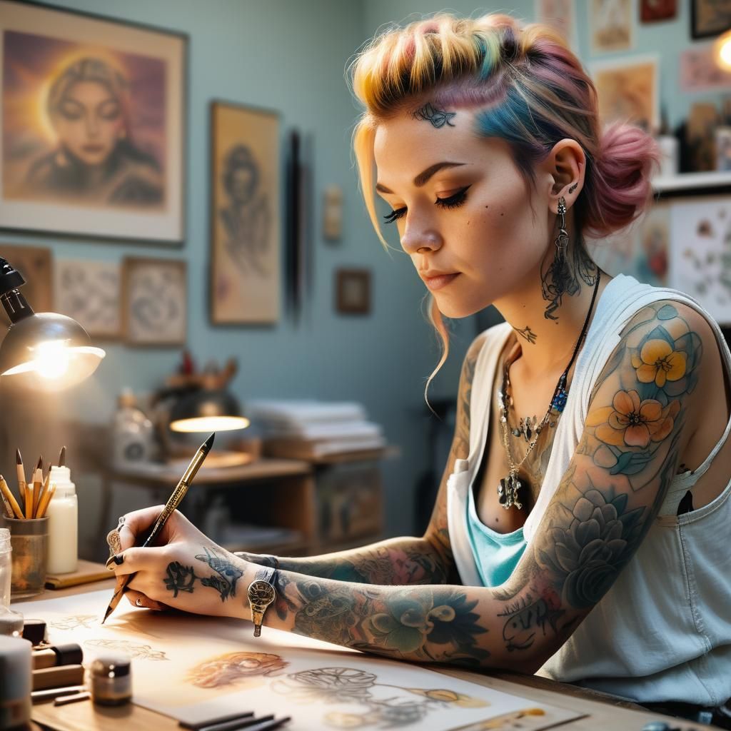 Tattoo Artist Sketching in Studio: Impressionist Portrait