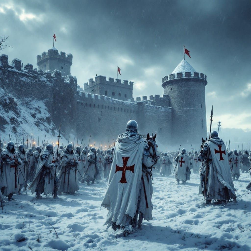 Dramatic Scene of Templars in Frozen Armor, Defending Snow-C...