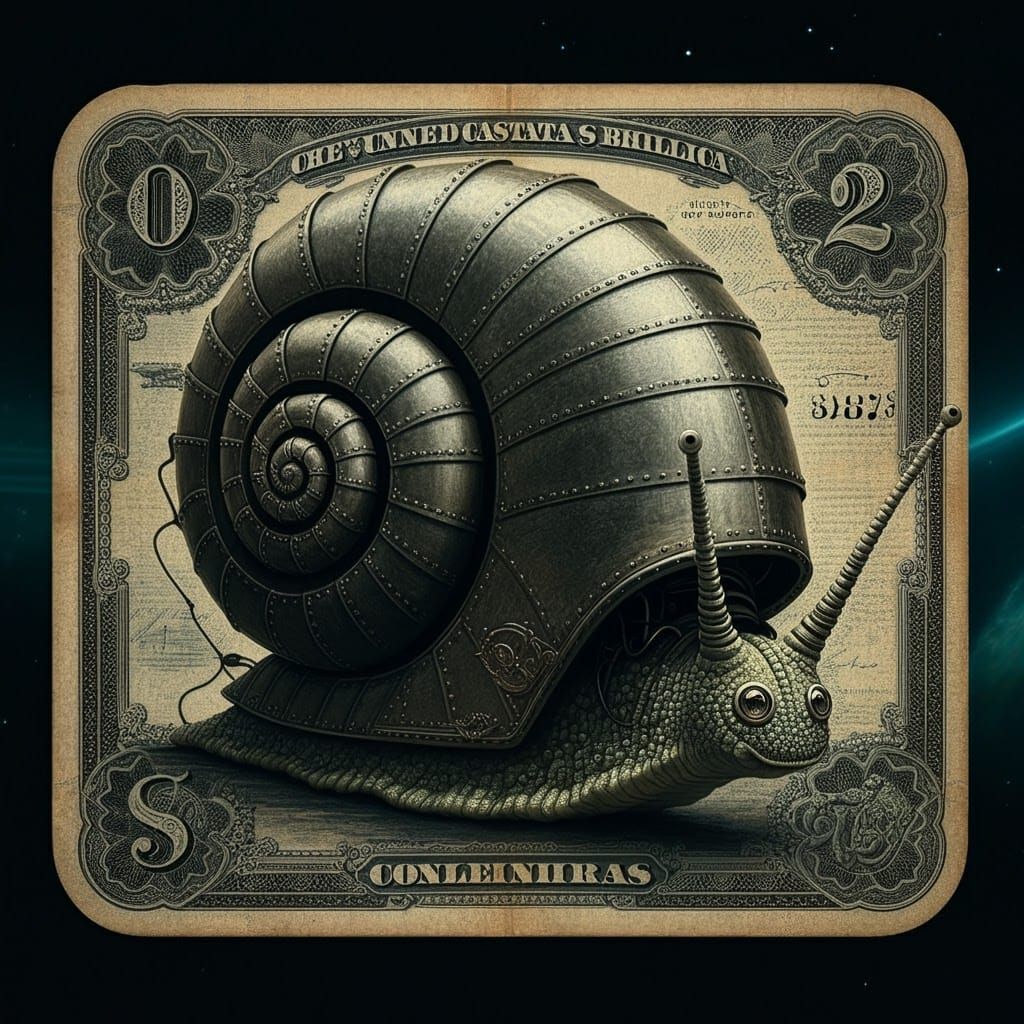 Retrofuturistic Mechanical Snail Banknote, Engraved Style