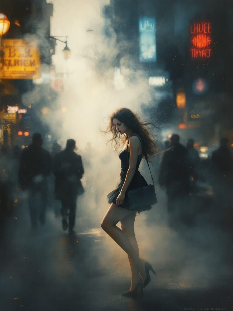 Pin-Up Woman in Smoky Cityscape