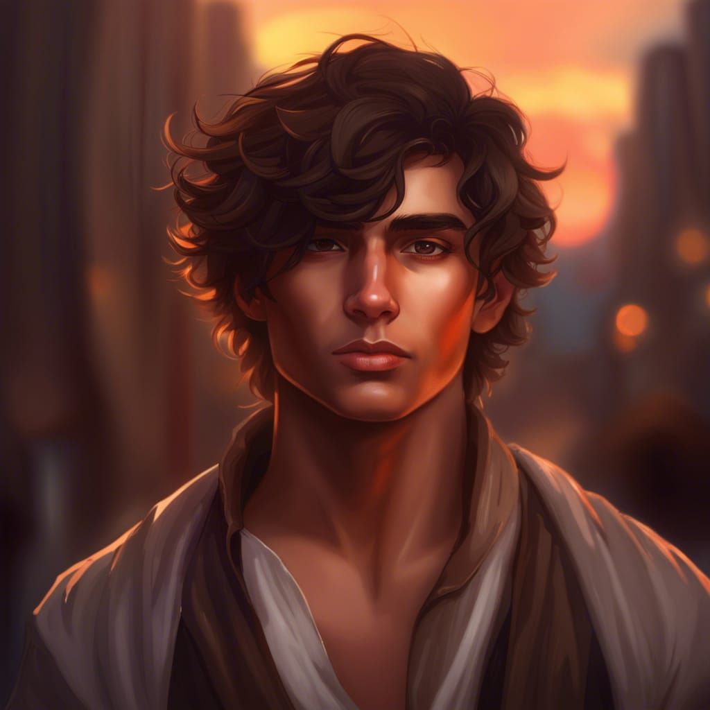 Handsome Boy Portrait at Sunset in Hyperdetailed Style