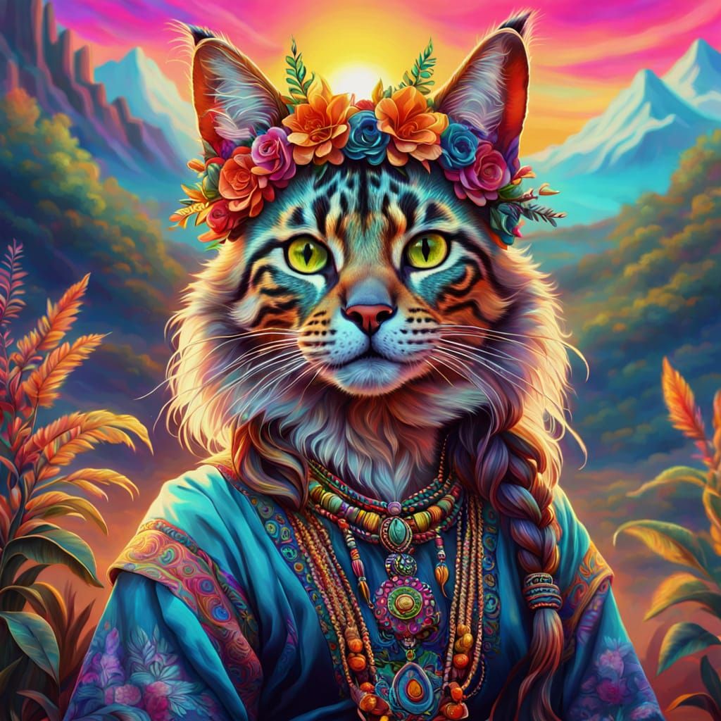 Tabaxi Portrait in Psychedelic Hippie-Boho Style
