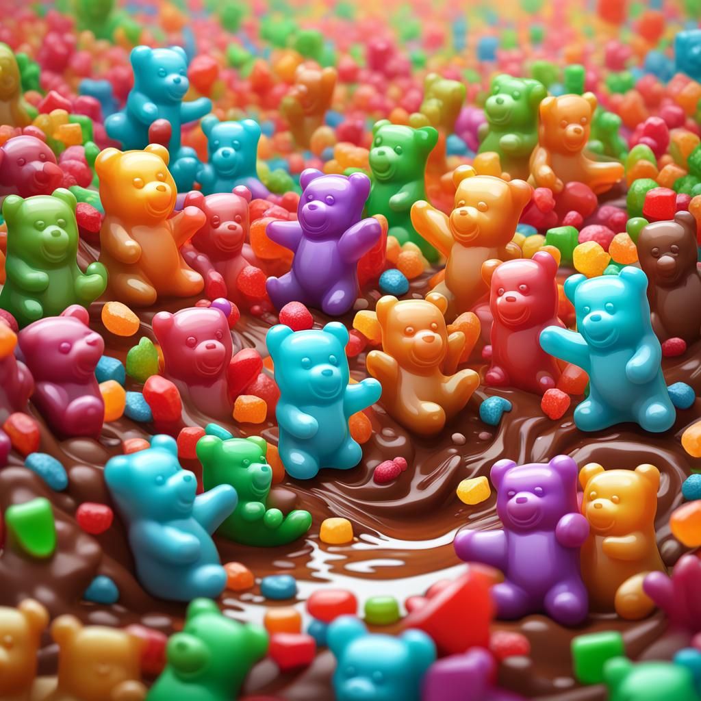 Colorful Gummy Bears Dance in Candy Forest