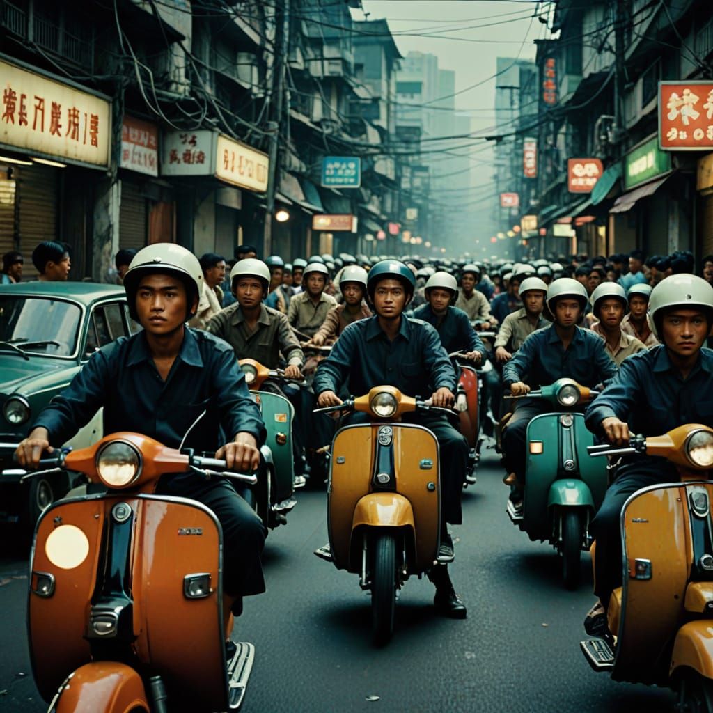 Epic 1966 Jakarta Scooters in Chaotic Traffic Scene