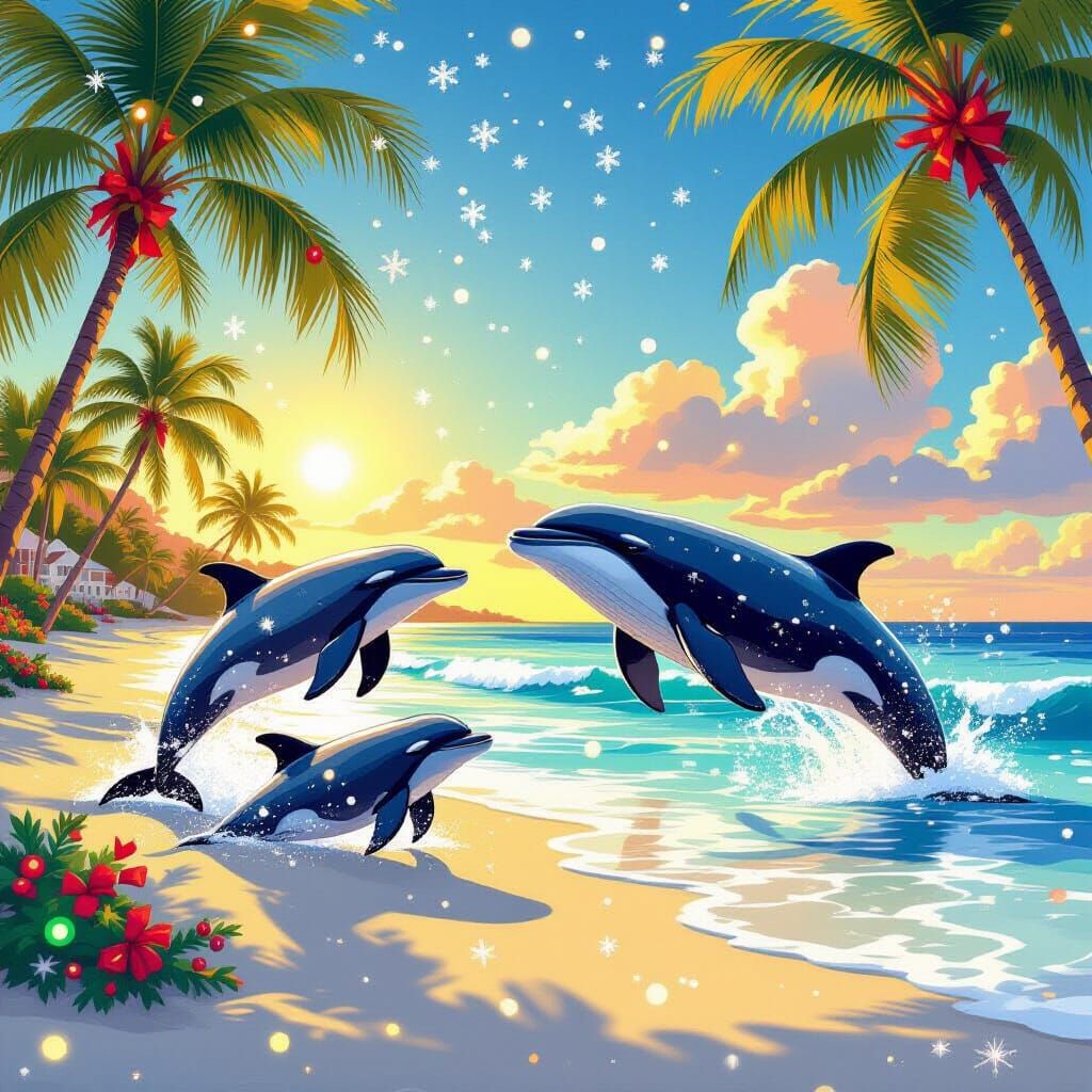 Whimsical Christmas Beach Scene with Whales and Dolphins