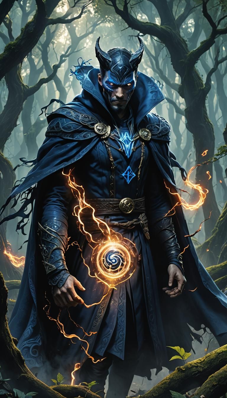 Mystical Hybrid Character Conjuring Magic in Dark Forest